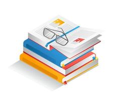 Flat isometric illustration concept. glasses on a pile of student books vector