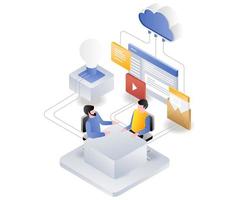 Flat isometric illustration concept. the team is discussing and consulting about cloud servers vector