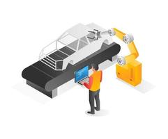 Flat isometric illustration concept. car assembly machine operator vector