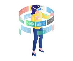 Flat isometric illustration concept. girl analyzing data with vr vector