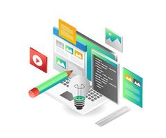 Flat isometric illustration concept. creative layout data portfolio and programmer vector