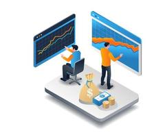 Flat isometric illustration concept. two men playing stock to earn money vector
