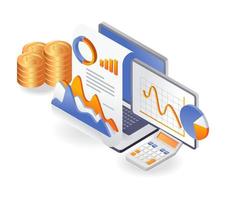 Flat isometric illustration concept. computer data analysis business investment company data