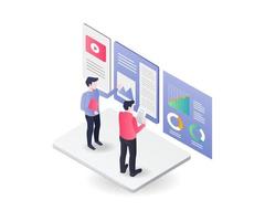 Flat isometric illustration concept. two people control the data analysis monitor vector