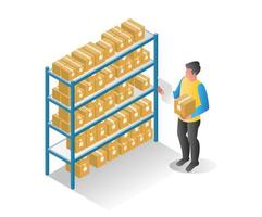 Flat isometric illustration concept. man checking stock in warehouse vector