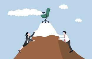 Competition for new vacancy, job hiring, career position, or company recruitment concept. Candidates climb up mountain to reach vacant office chair on the top of mountain. vector