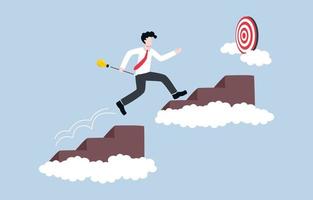 Skipping step success in career or speedy reaching goal, fast growth mindset of life or organization concept. Businessman jump over step for bringing shiny lightbulb at target. vector