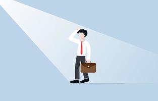 Business direction guidance, distinct or confident working path, finding creative idea or bright career opportunity concept. Businessman staring at spotlight passing through him. vector