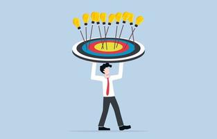 Creative thoughts or ideas for business success, new ideas gathering for achieving goal or purpose concept. Businessman holding archery target overhead to receive many arrows with light bulb end. vector