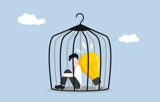Blocking business idea, stucking in bad workplace, rivalry for better position in organization concept, toxic environmental office concept. Dismal businessman stucking in cage with bright light bulb. vector