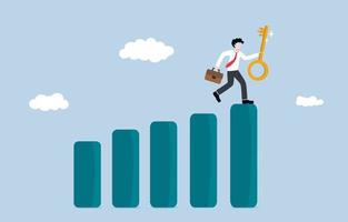 Discovering key to business success, creative solution to solve financial problem, new innovation for boosting sales concept. Business carrying bright golden key stepping on upward trend bar graph. vector