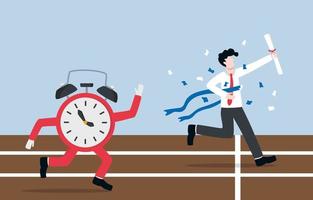 Time management and work efficiency for business success, finishing work or project before running out of time concept. Smart businessman cross finishing line before time opponent. vector