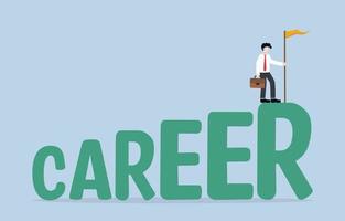 Career growth or career target achievement, peak  time of life, success higher level, self development concept. Smart businessman planting flag of success on word career. vector