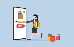 Using bitcoin to buy goods, alternative convenient  way for purchasing product or service with cryptocurrency concept. Woman inserting bitcoin token into money slot on mobile screen for shopping. vector