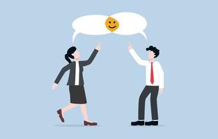 Business opinion compromise to find best solution  to get benefit or solve problem. Sharing idea concept. Employees pointing at smile face overlapped area from speech bubbles connection. vector