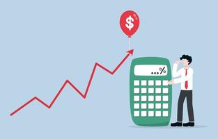 Inflation rate calculation to make financial plan for future, financial security, risk management concept. Businessman standing beside calculator and analysing red uptrend graph tied up with balloon. vector