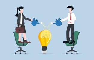 Growing knowledge or innovative idea, developing creativity for succeeding business or career growth, team development concept. Employees pouring liquid to fulfill space in idea light bulb. vector