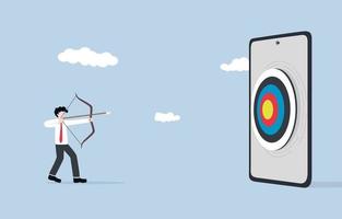 Effort to reach online business target, digital  marketing strategy to increase more customers, entrepreneurship concept. Businessman aiming arrow to hit at target coming out of mobile screen. vector
