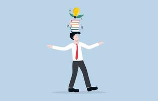 Lack of confidence in knowledge for work, self-confidence concept. Panic businessman trying to control stack of books and light bulb on his head. vector