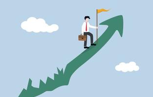 Overcoming many business obstacles until reaching success, entrepreneurship concept. Experienced businessman holding victory flag on smooth rising graph after passing through jagged interval. vector