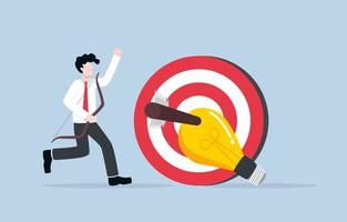 Successful business idea for target, right solution to complete project, winning marketing strategy concept. Businessman shoot arrow precisely at center of target with light bulb idea. vector