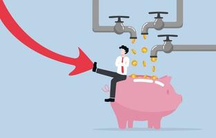 Having multiple sources of income for surviving economic crisis, multiple careers trend concept. Businessman sitting on piggy bank with many coins from pipes and using foot to push falling down arrow. vector