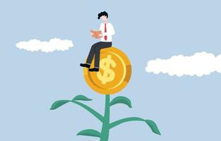 Enhancing investment knowledge, finding way to accumulate wealth, motivation for success, effort to gain more personal income concept. Committed businessman reading book on top of money growing plant. vector