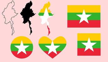 conjunto de iconos de bandera de mapa de myanmar vector