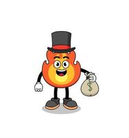 ilustración de mascota de fuego hombre rico sosteniendo un saco de dinero vector