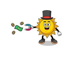 ilustración de personaje de sol atrapando dinero con un imán vector