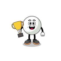 Cartoon mascot of rice ball holding a trophy vector