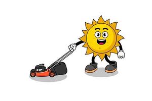 sun illustration cartoon holding lawn mower vector