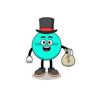 ilustración de mascota de tableta de medicina hombre rico sosteniendo un saco de dinero vector