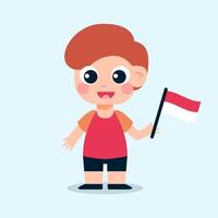 personaje de niño pequeño sosteniendo una bandera indonesia vector