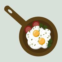 Fried eggs on pan with slice of tomato vector