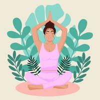 Woman meditating in nature and leaves vector