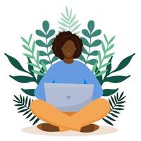 Black woman with laptop sitting in nature and leaves. vector