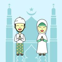 Hand Drawn Character Happy Eid Mubarok vector