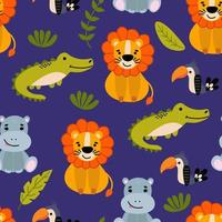 Seamless pattern with cute hand-drawn animals. Lion, hippo, crocodile and toucan. vector