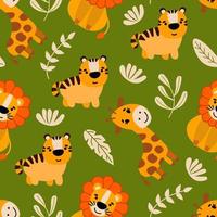 Seamless pattern with cute hand-drawn animals. Lion, tiger, giraffe. vector