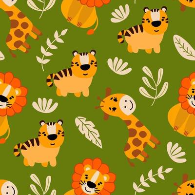 Seamless pattern with cute hand-drawn animals. Lion, tiger, giraffe.