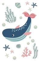 Postcard with cute hand drawn whale. vector