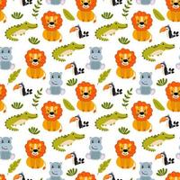 Seamless pattern with cute hand-drawn animals. Lion, hippo, crocodile and toucan. vector