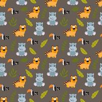 Seamless pattern with cute hand drawn animals. Tiger, hippo, toucan. Design for fabrics, textiles vector