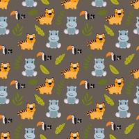 Seamless pattern with cute hand drawn animals. Tiger, hippo, toucan. Design for fabrics, textiles vector