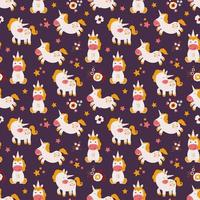 Seamless pattern with cute hand drawn unicorns, rainbows and flowers. vector