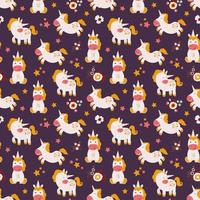 Seamless pattern with cute hand drawn unicorns, rainbows and flowers. vector