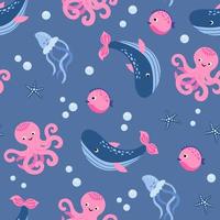 Seamless pattern with octopus, whales and jellyfish. vector