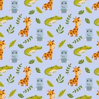 Jungle. Seamless pattern with cute hand-drawn animals. vector