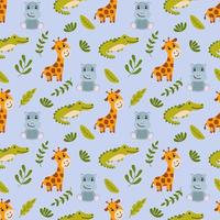 Jungle. Seamless pattern with cute hand-drawn animals. vector